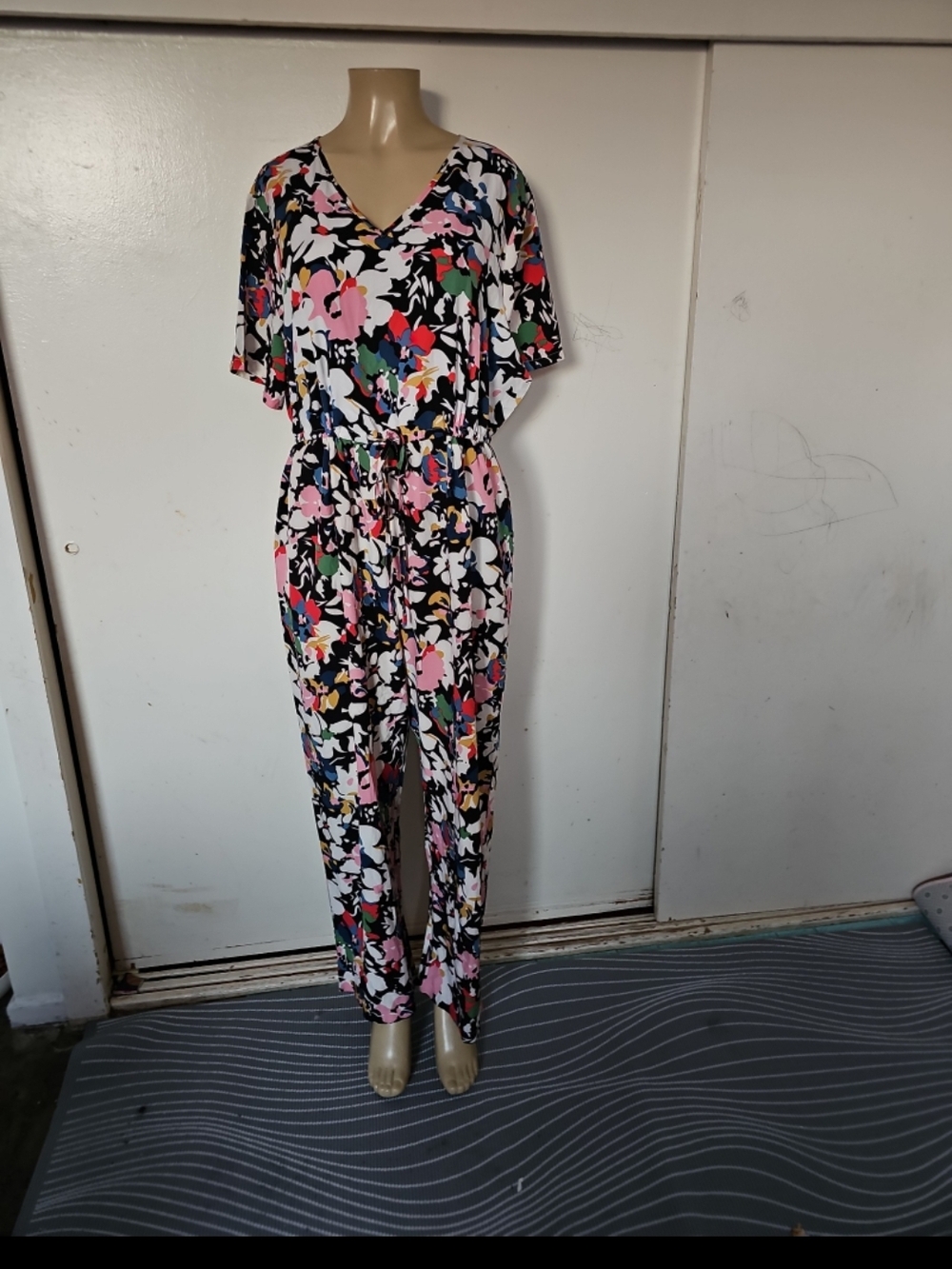 Floral V-Neck Jumpsuit in Black with Pink & Green Accents
